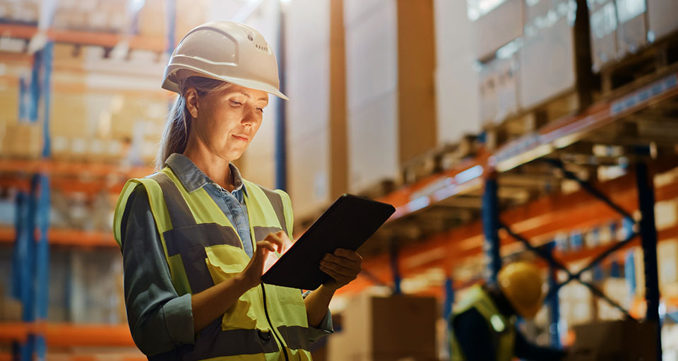 A women, wearing a hi-vis vest and white safety hard hat, standing in a modern bright warehouse is looking at the tablet she's holding in her hand. A colleague is in the background also wearing hi-vis and a safety hard hat.
