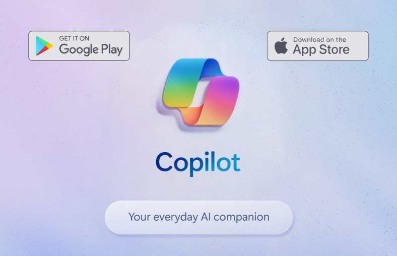 Graphic showing the Microsoft Copilot Logo in muted colours with the tagline 'Your everyday AI companion', featuring download buttons for Google Play and the App Store