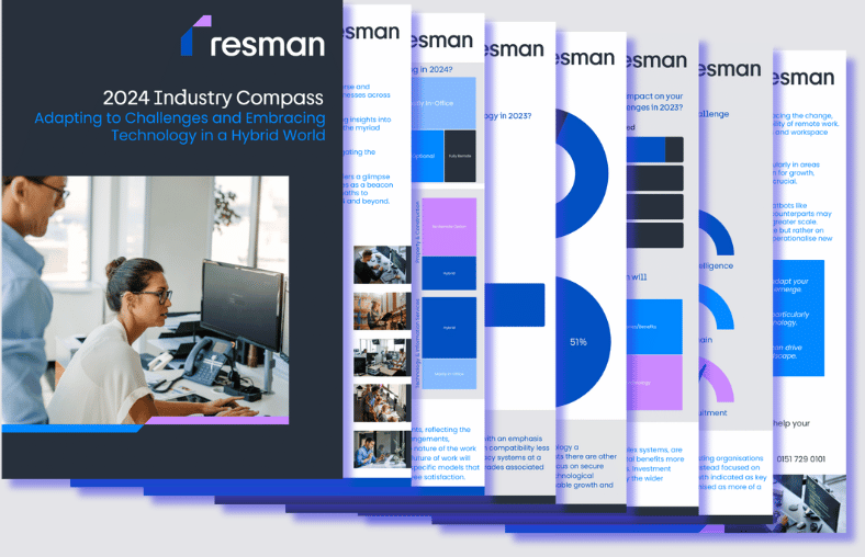 Collage of the '2024 Industry Compass' report by Resman Liverpool, showcasing various pages and infographics related to business insights, challenges, technological integration, remote work, and the role of AI in a hybrid world, with the company's logo prominently displayed.